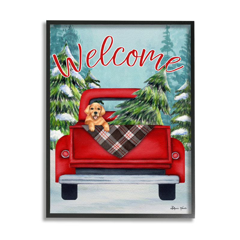 «Winter Welcome Red Truck Christmas Pet Dog» par Sheri Hart - impression d'art graphique, H 30 po x l 24 po x P 1,5 po