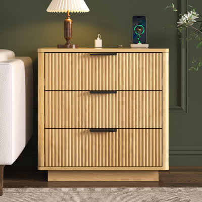 23.2'' W 3-Drawer Fluted Nightstand with Charging Station