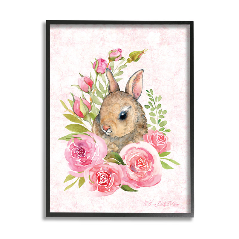 Joli lapin mignon en fleurs roses - impression, Giclée encadrée noir minuit, H 14 po x l 11 po x P 1,5 po