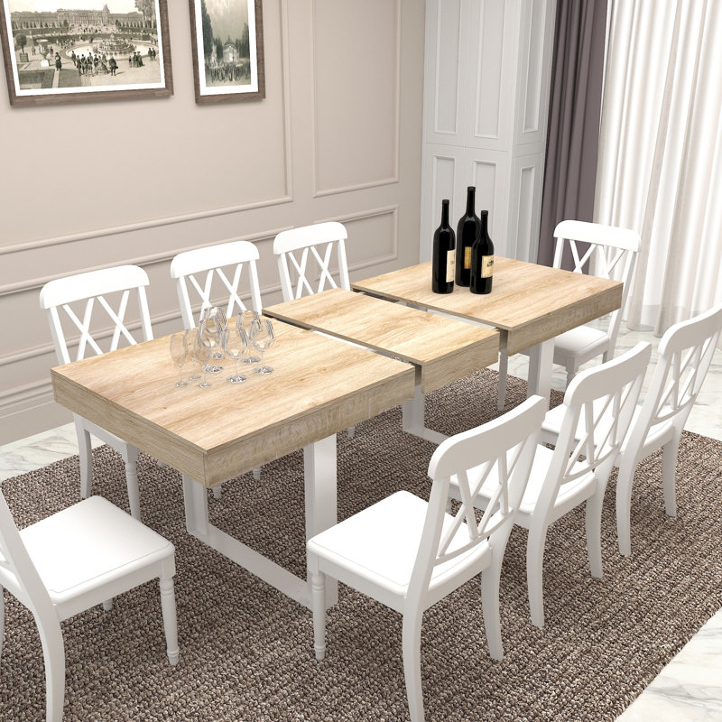 Table de cuisine moderne extensible, faite de matériaux et avec grain de chêne extensible pour 6 à 10 sièges, une surface à haute température rails silencieux