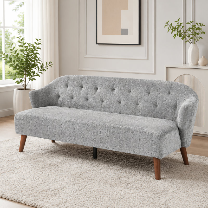 Canapé Mid-Century 3 places avec dossier capitonné et tissu moelleux, Tissu gris pâle