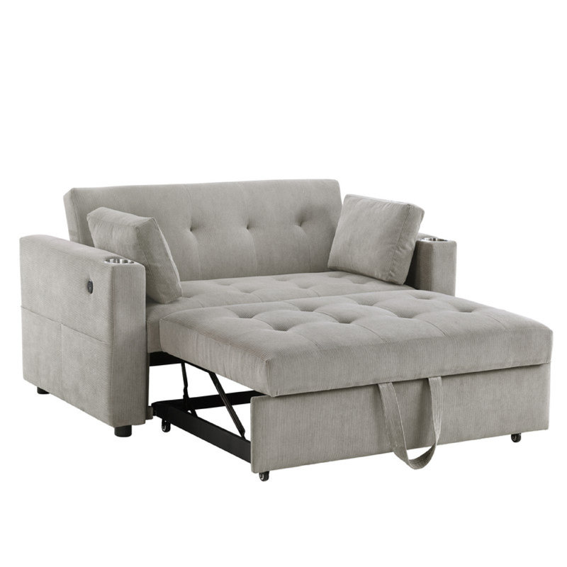 Causeuse convertible Lea, 57 pouces, 2 coussins, capitonnage en velours côtelé gris, Gris