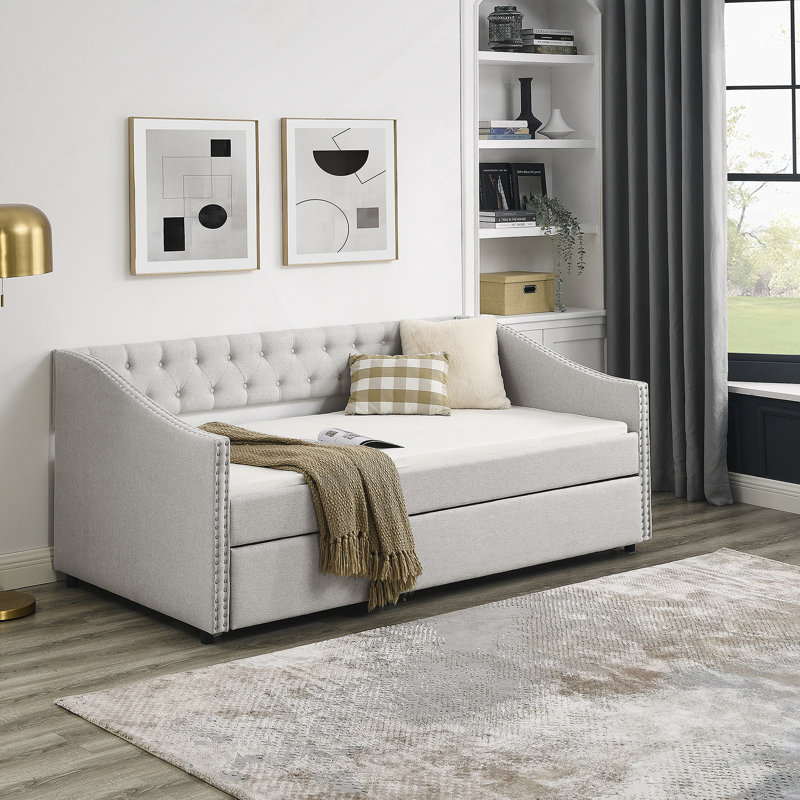 Daybed With  Trundle Upholstered Tufted Sofa Bed, With Button On Back, Beige
