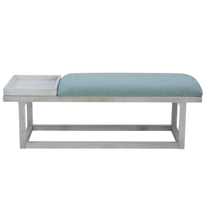 Upholstered Bench with Removable Tray, Aqua/White