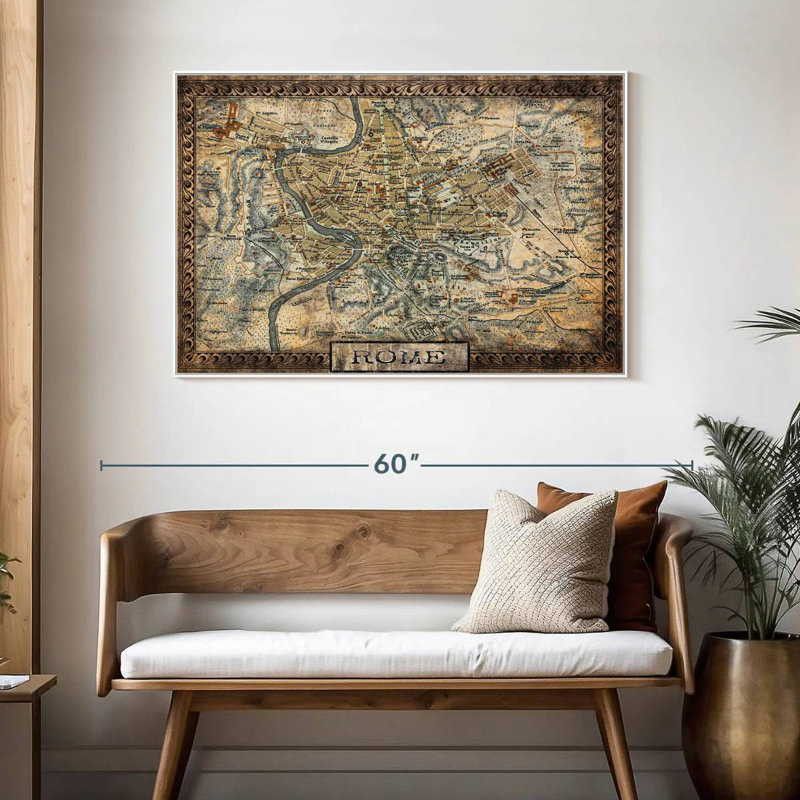 Carte rétro de la ville de Rome, Cadre flottant blanc, 46 po x 31 po