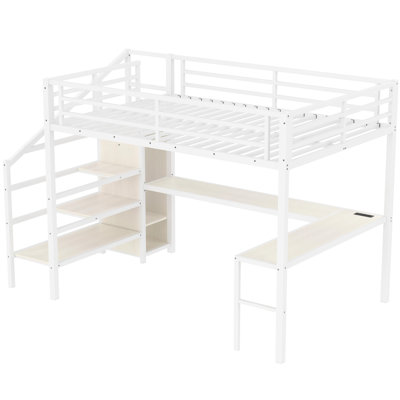 Lit mezzanine à grain de bois blanc avec grand lit, escalier, charge, luminaire à DEL et garde-robe pour la chambre des adolescents, rangement
