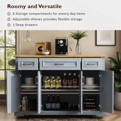 KK 54inch Large Kitchen Island with Rubber Wood Drop Leaf, Embossed Texture Rolling Kitchen Cart on 4 Wheels with 4 Doors and 3 Drawers, Kitchen Isla