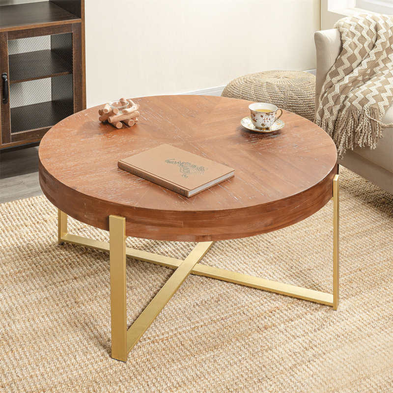 Table basse 33,8 po d'épaisseur rétro moderne avec plateau en bois de sapin et pieds croisés dorés, Or