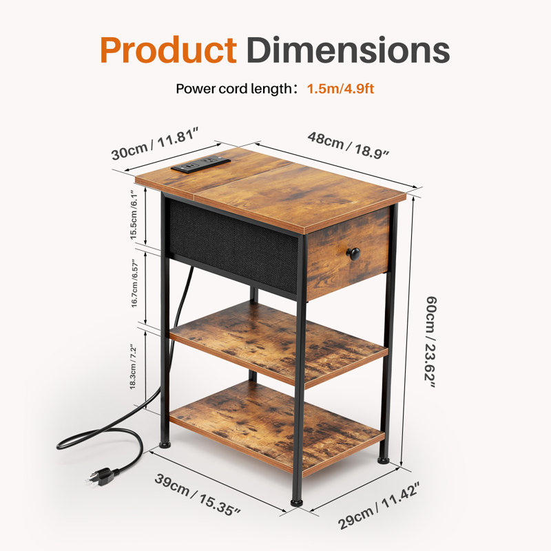 Table de bout avec tablettes et station de charge, table d'appoint rabattable avec ports et prises USB, table de chevet