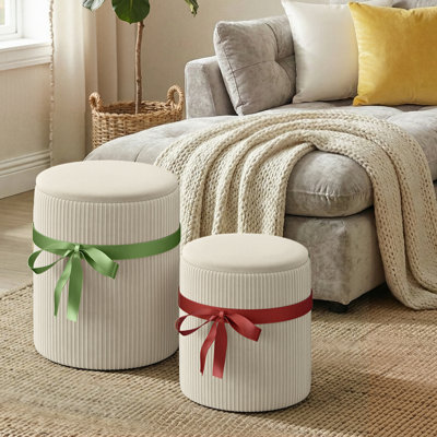 Round Ottoman Set Of 2, Velvet Footstool With Lift Top Lid And Hidden Storage For Living Room And Bedroom