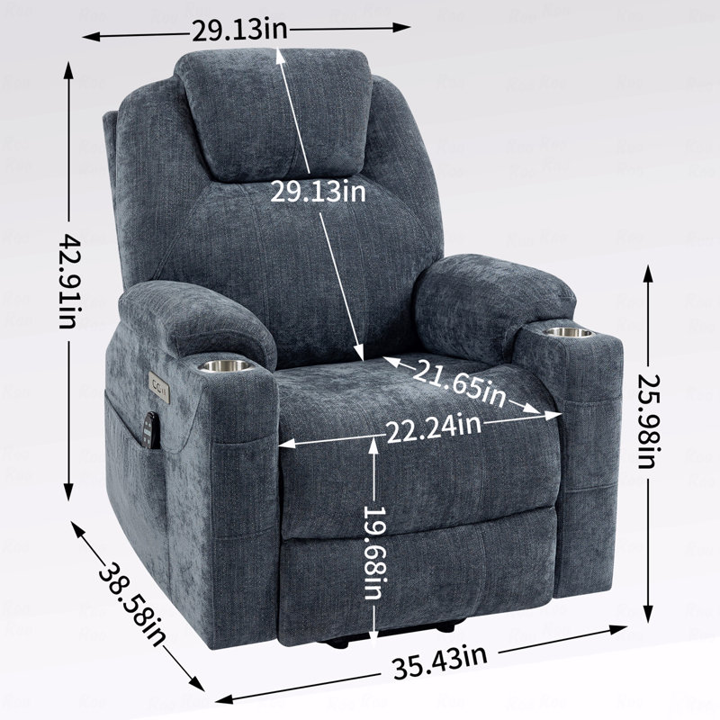 Capacité en tissu de chenille rembourré avec fauteuil inclinable Power Lift, avec mécanisme de mouvement robuste avec vibration à 8 points avec fonction de massage et lombaire avec fonction de chauffage, avec port USB et avec ports de type C, acier inoxydable