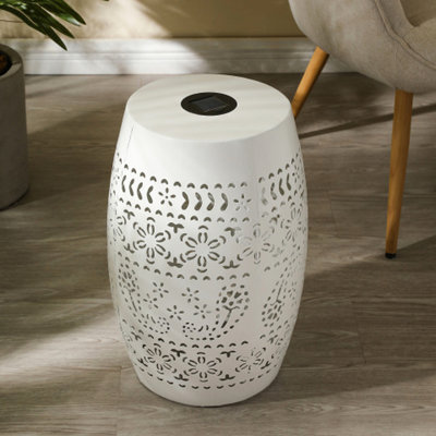 Table d'appoint solaire avec panneaux améliorés, de couleur blanche, fonctionne pour l'éclairage intérieur et extérieur - pile alimentée, allées de porches ronds en fer, accessoire décoratif