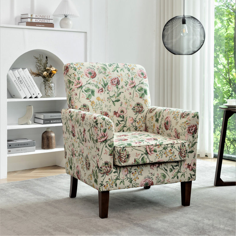 Chaise avec accoudoirs en mélange de polyester à motifs, structure en bois de bouleau massif avec pieds fuselés bruns, chaise d'appoint rembourrée de mousse avec garniture pour le bureau du salon