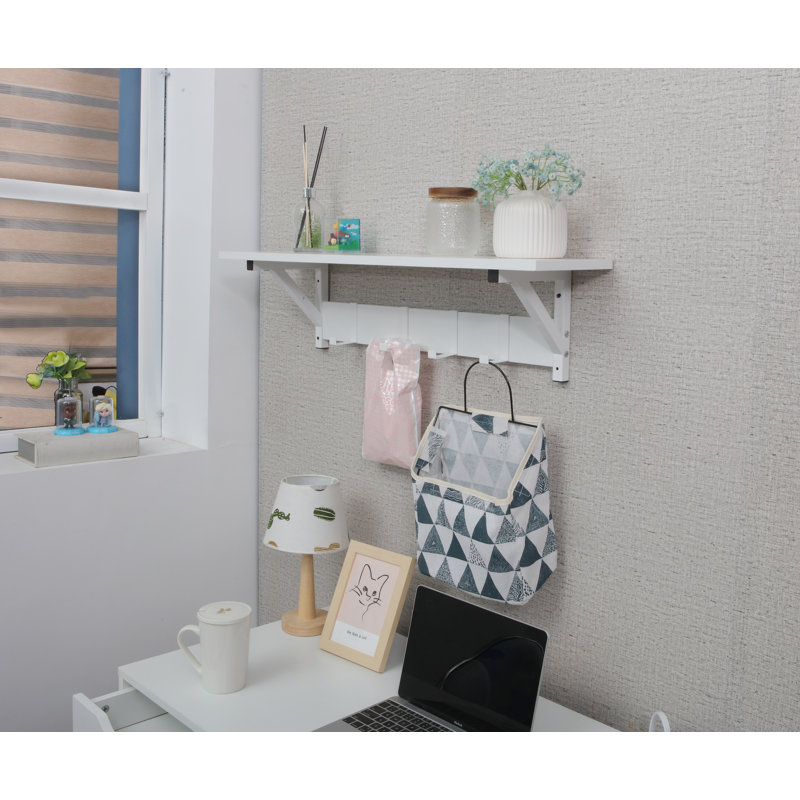 Ciardi Floating Shelf with Hooks - Wall Mounted Storage Shelf, Space Saving Organizer, 1, White