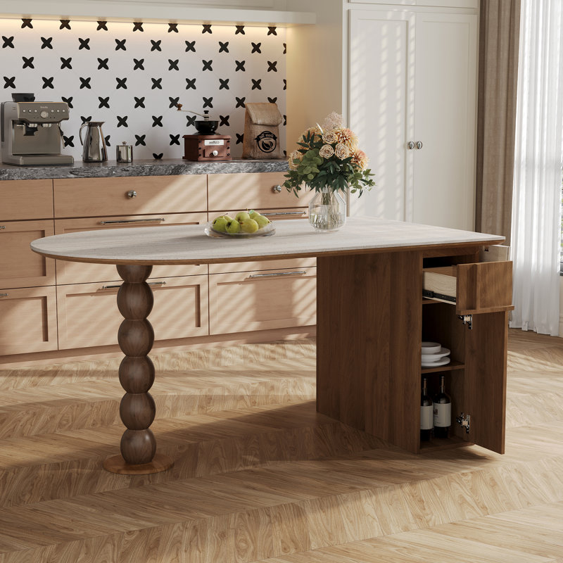 Ensemble de table de salle à manger ovale moderne de 71 po avec 6 chaises Drennen, pierre frittée beige avec rangement