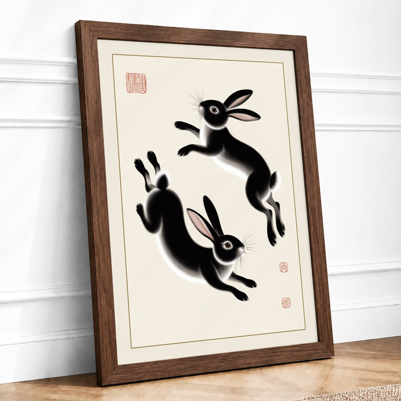 Leaping Rabbits in Red Seal Japandi - Framed Print, A4 - 29.7 x 21.0 cm, Walnut