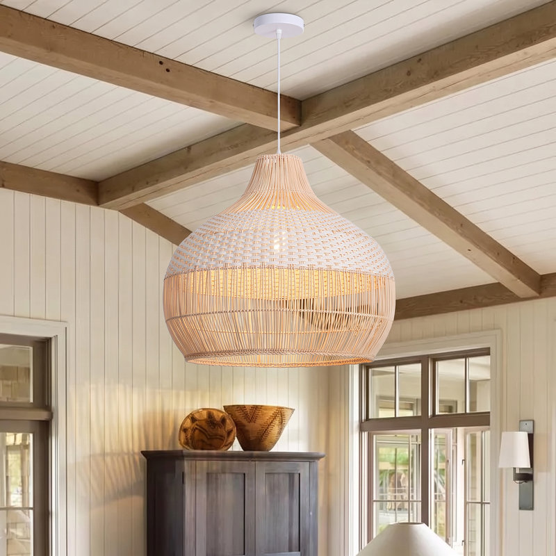 Calpella -Natural and White Rattan Light Pendant, 21.65" H x 21.65" W x 21.65" D