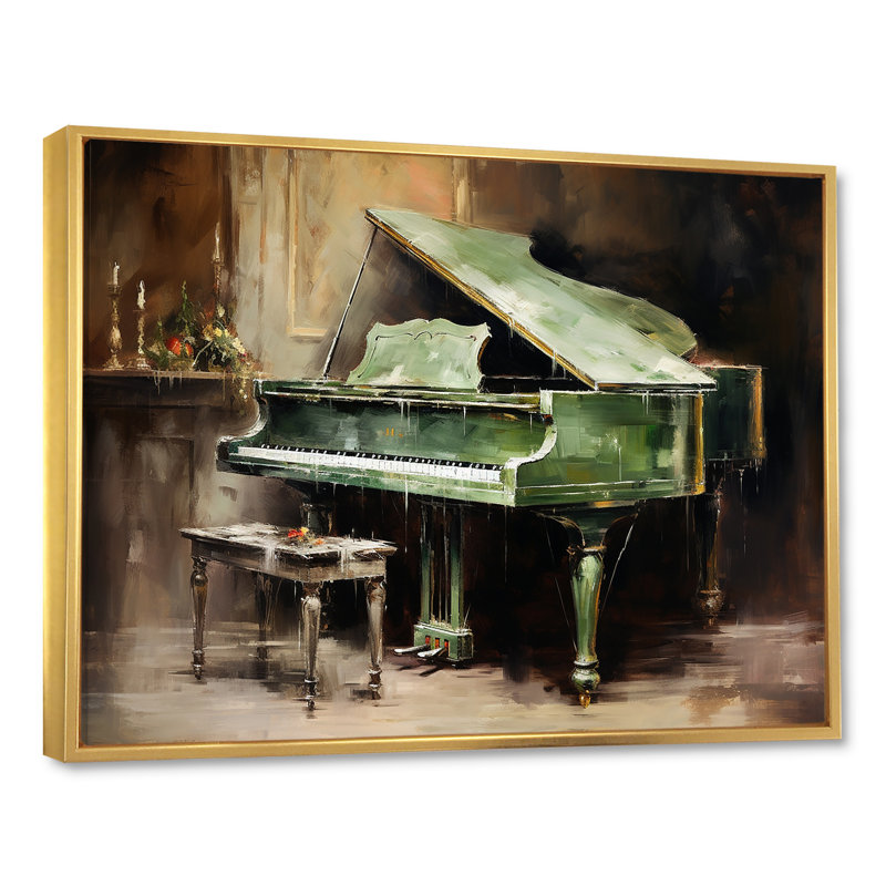 «Green Piano Impressionist», instrument sur toile, Cadre flottant doré, H 34 po x l 44 po