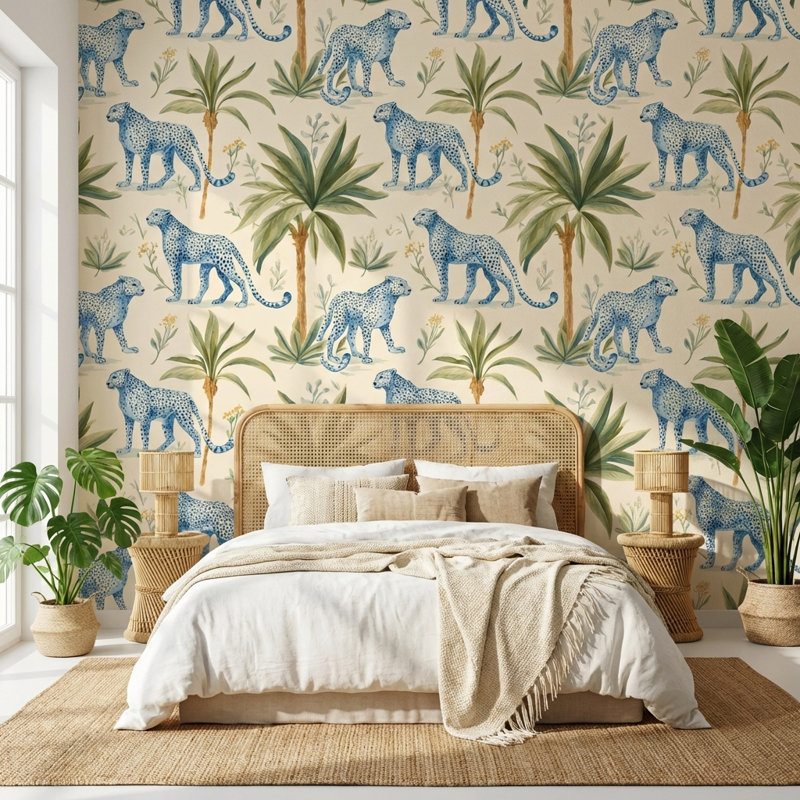 Décoration murale léopards papier peint bleu tropical, Non tissé, non collé