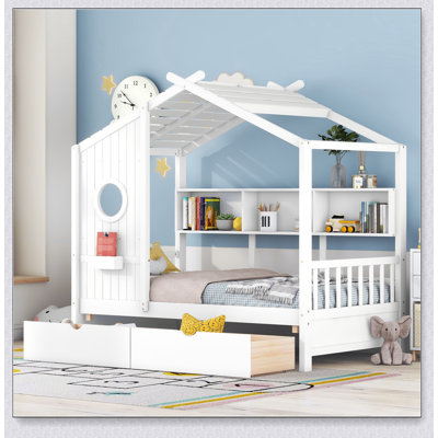 Lit simple en bois avec 2 tiroirs, lit pour enfant avec tablette de rangement et aire de jeu