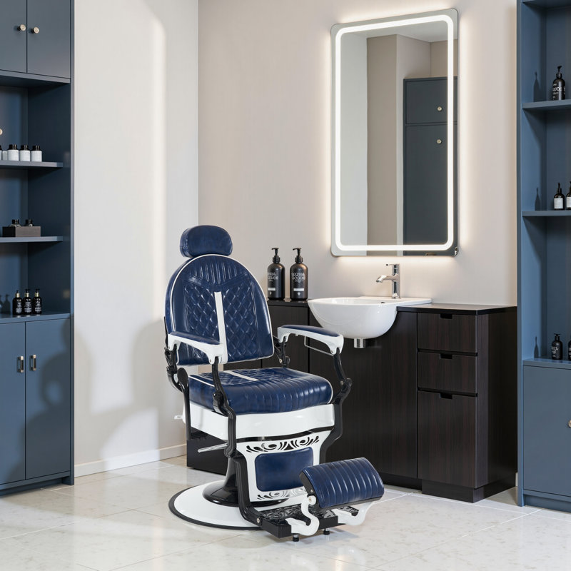 Keniah 27.5" Hydraulic Swivel Barber Chair, Bleu / blanc
