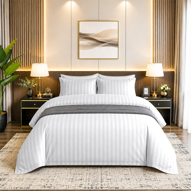 Microfiber Striped Duvet Cover Set with Matching Pillowcases and Stripe Fitted Sheet, King Duvet Cover + 3 Additional Pieces