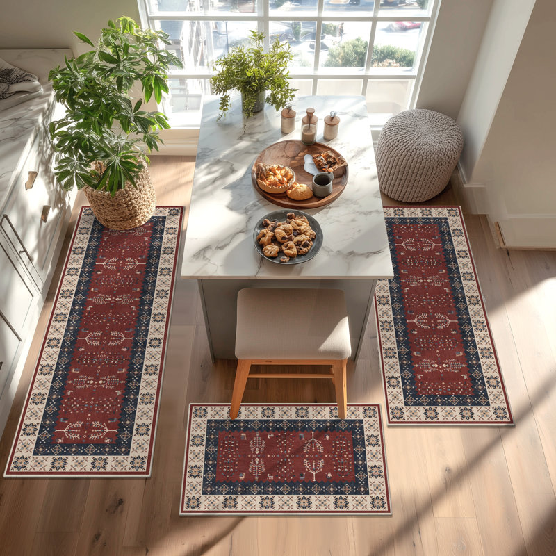 Tapis de cuisine Kilim antidérapant lavable (ensemble de 3), Rouge / Bleu