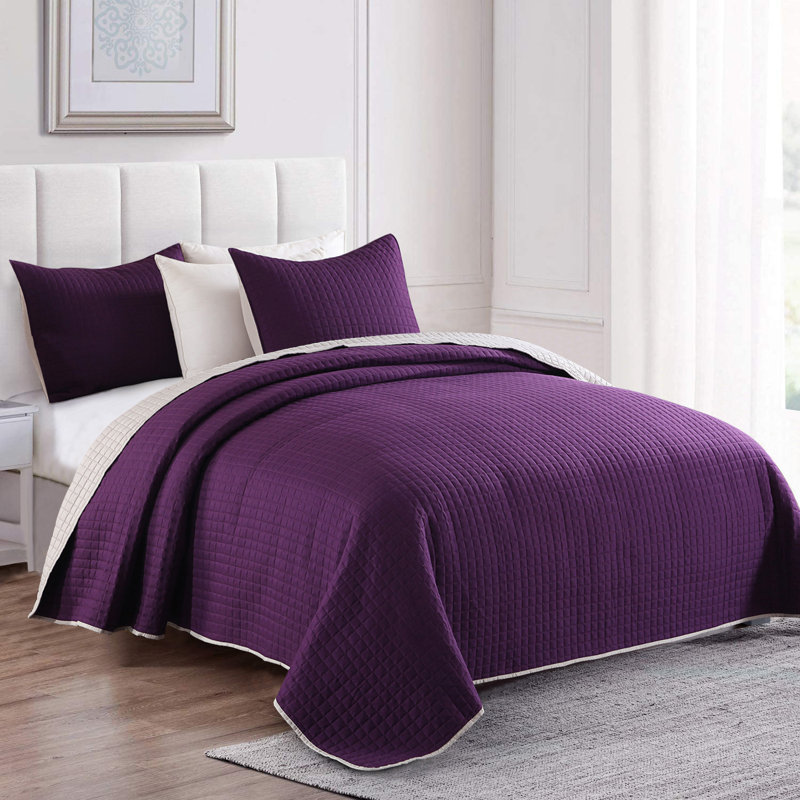 Solid Colour Quilt, King Quilt + 2 King Shams, Purple/Silver