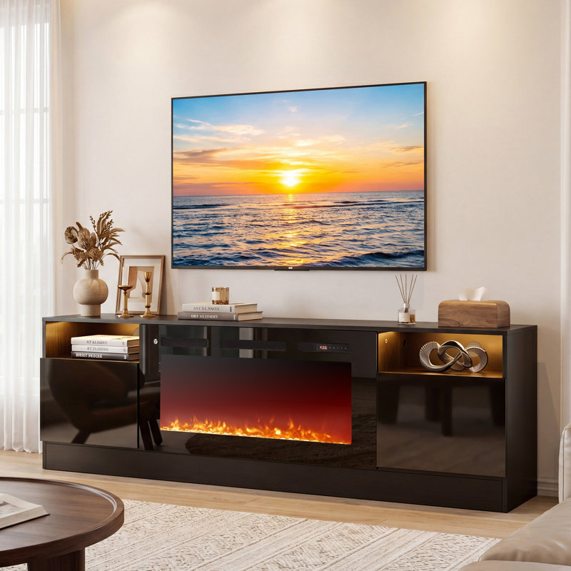Janyriah TV Stand for TVs up to 80" with 36" Fireplace Included, Modern Entertainment Center, Black