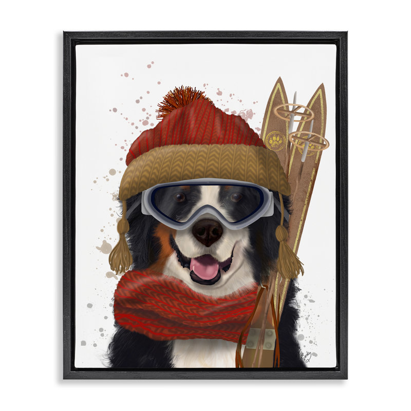 «Happy Skiing Dog» par Fab Funky, H 21 po x l 17 po, Cadre flottant noir de jais