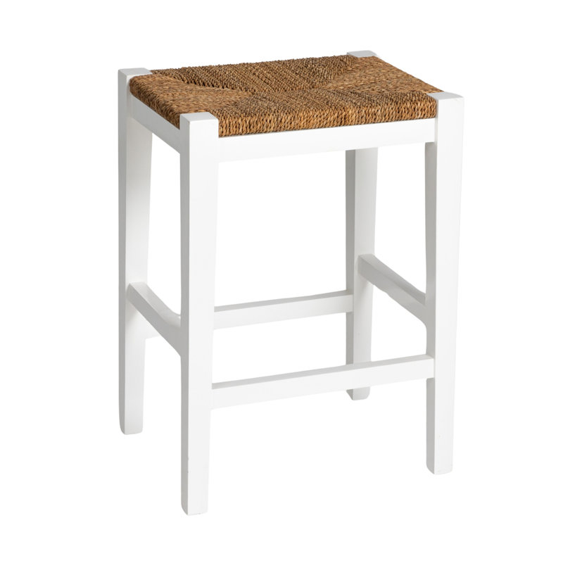 Willowbrook Solid Wood and Natural Woven Seagrass Rope Bar Stool, Matte White Stain