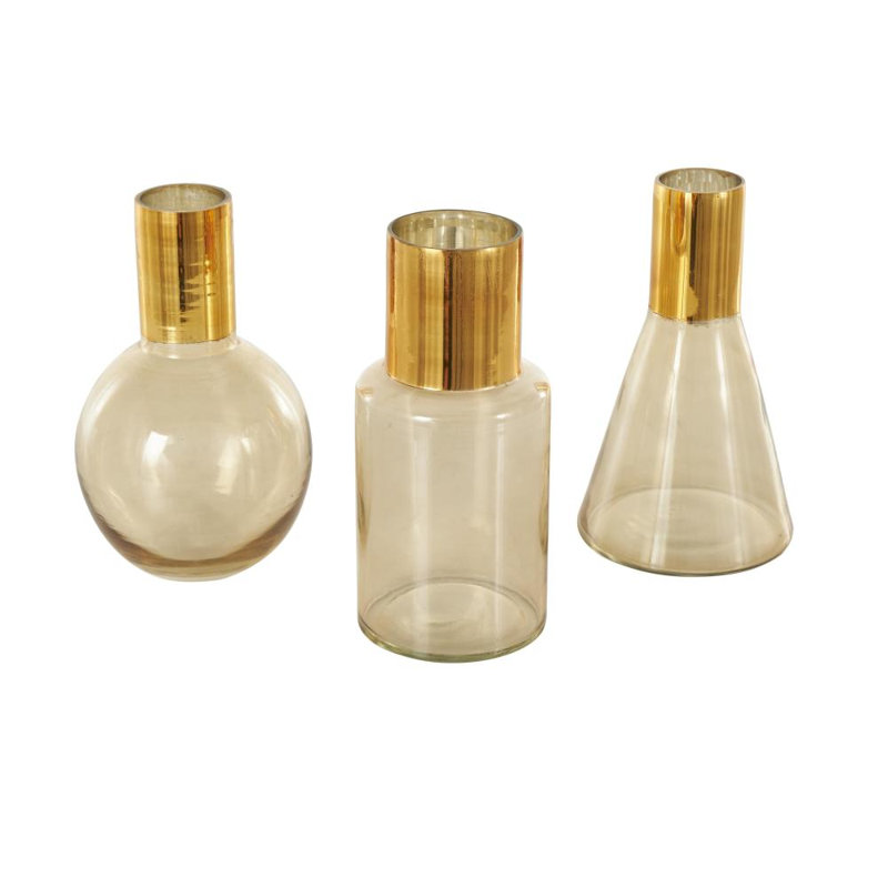 Jaelys Glass Tinted Decorative Vase with Shiny Round Opening Set, Gold, 8.45" H x 4.85" W x 4.8" D