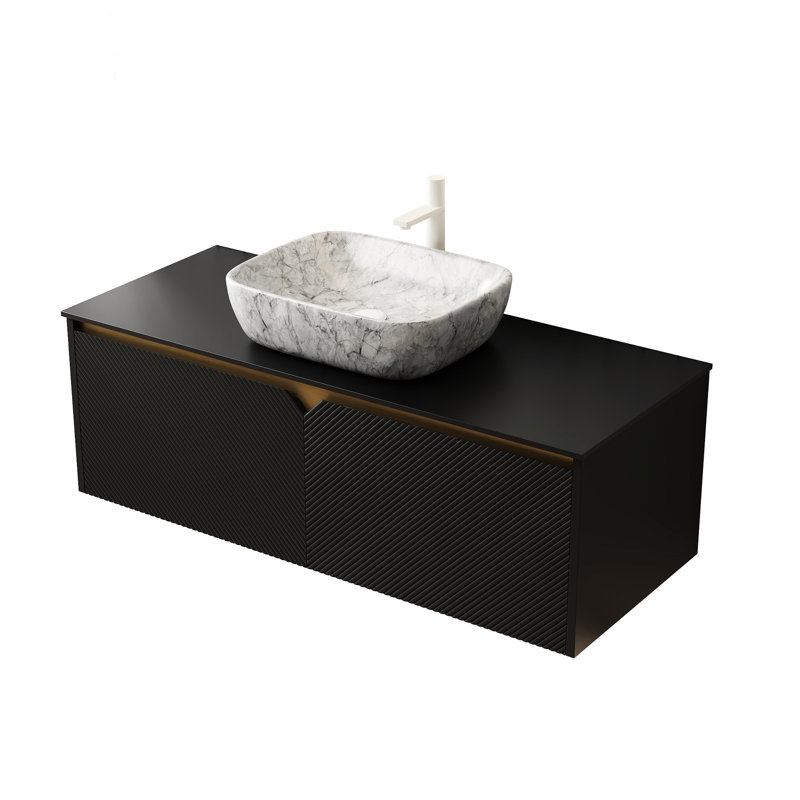 Préférence de meuble-lavabo et d'évier de salle de bain 48,66 pouces, ensemble d'armoire de rangement en contreplaqué, récipient en céramique à motif de marbre, traitement de surface en pierre frittée noire, portes doubles en sergé avec garnitures en métal,