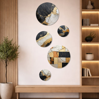 Ensemble de 5 décorations murales en métal noir et or orné de spirales abstraites
