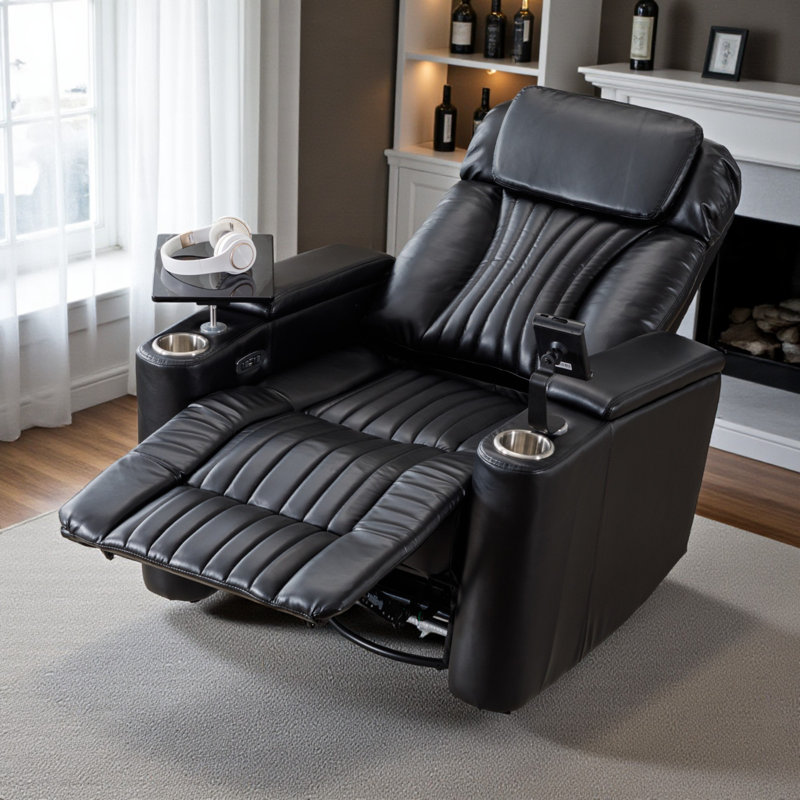 Fauteuil inclinable pivotant électrique à 270 ° Finnegan avec DEL et rangement caché, Cuir PU noir