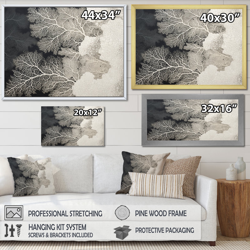 Abstrait corail noir et blanc abstrait VI sur toile, Toile tendue, H 34 po x l 44 po x P 1,5 po