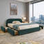 Grand lit plateforme tapissier grand, style minimaliste moderne, vert classique avec tête de lit courbée et tiroirs de rangement