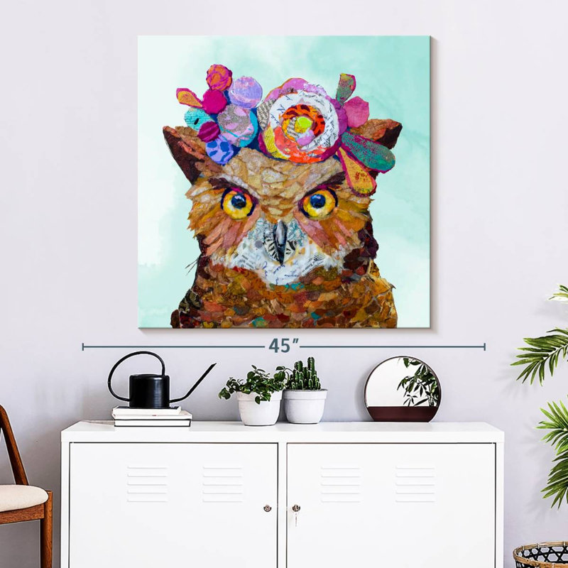 Peinture florale hibou, H 33 po x l 33 po