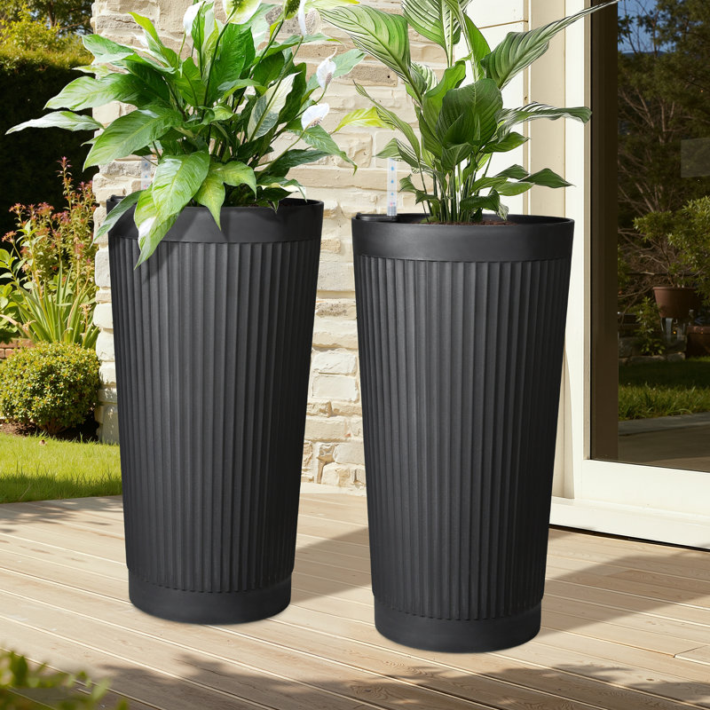 24" H Large Tall Round Planter, Modern Striped Extra Large Plastic Plant Pot for Indoor & Outdoor Plants, Decorative Floor Planter for Patio, Porch & Home Décor