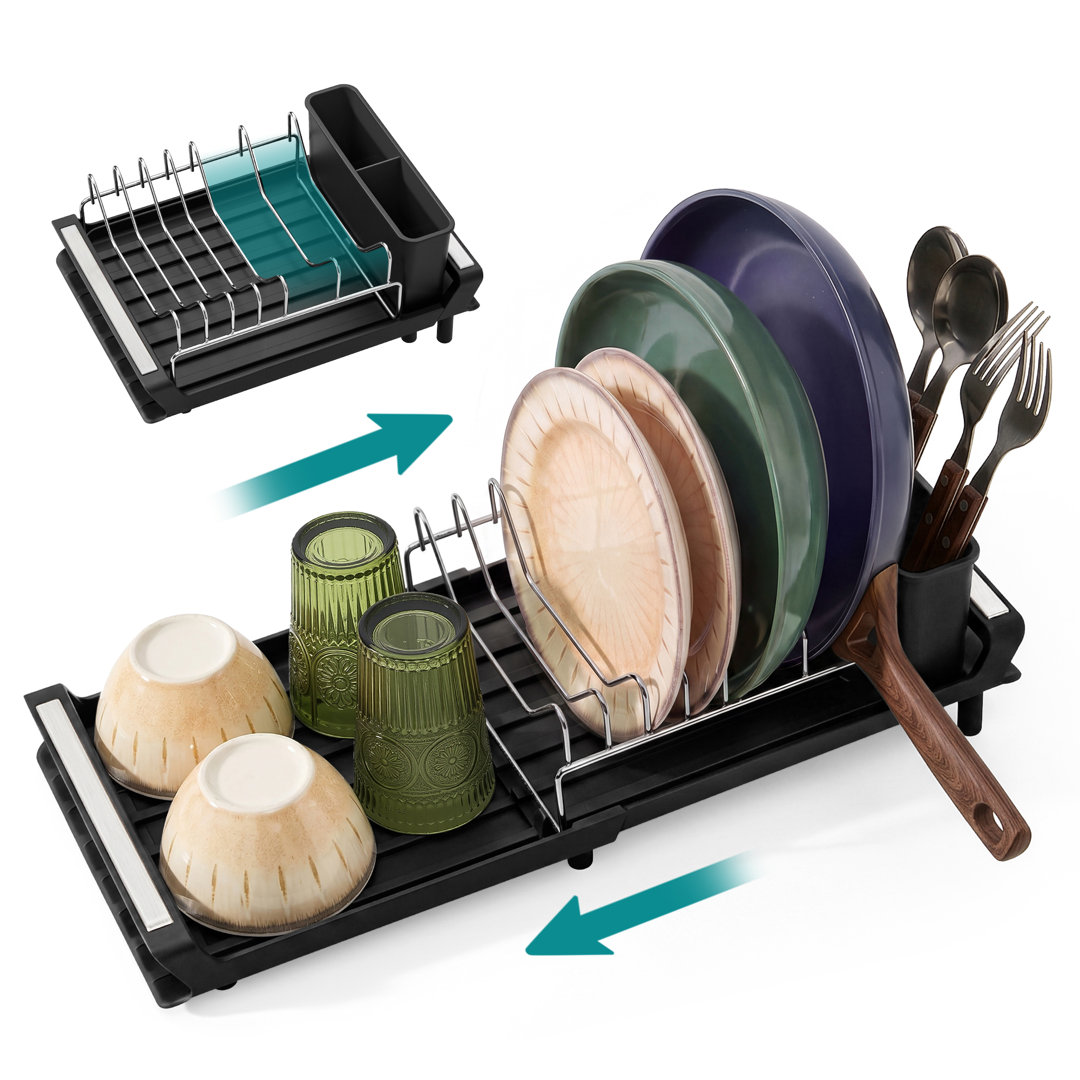Expandable Dish Drainer Rack with Removable Cutlery Holder, Draining Board, Anti-Rust Small Dish Drying Rack for Kitchen Counter, Sink