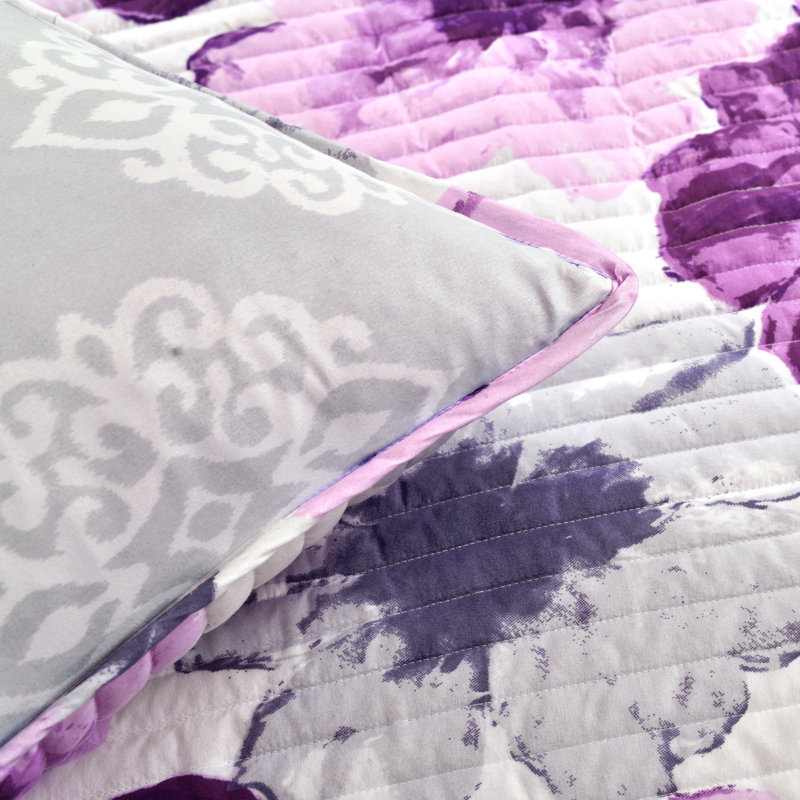 Leah Reversible Quilt Set, Full/Queen Quilt + 2 Shams, Gray/Purple
