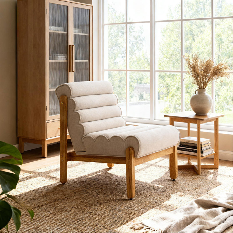 Fauteuil d'appoint Fluffy beige foncé avec structure en bois massif naturel, Beige, Naturel