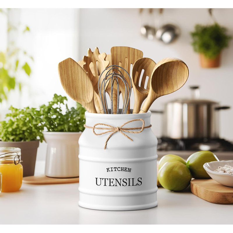 Porte-ustensiles de cuisine en céramique pour comptoir de cuisine, organisateur de spatule pour comptoir, Blanc