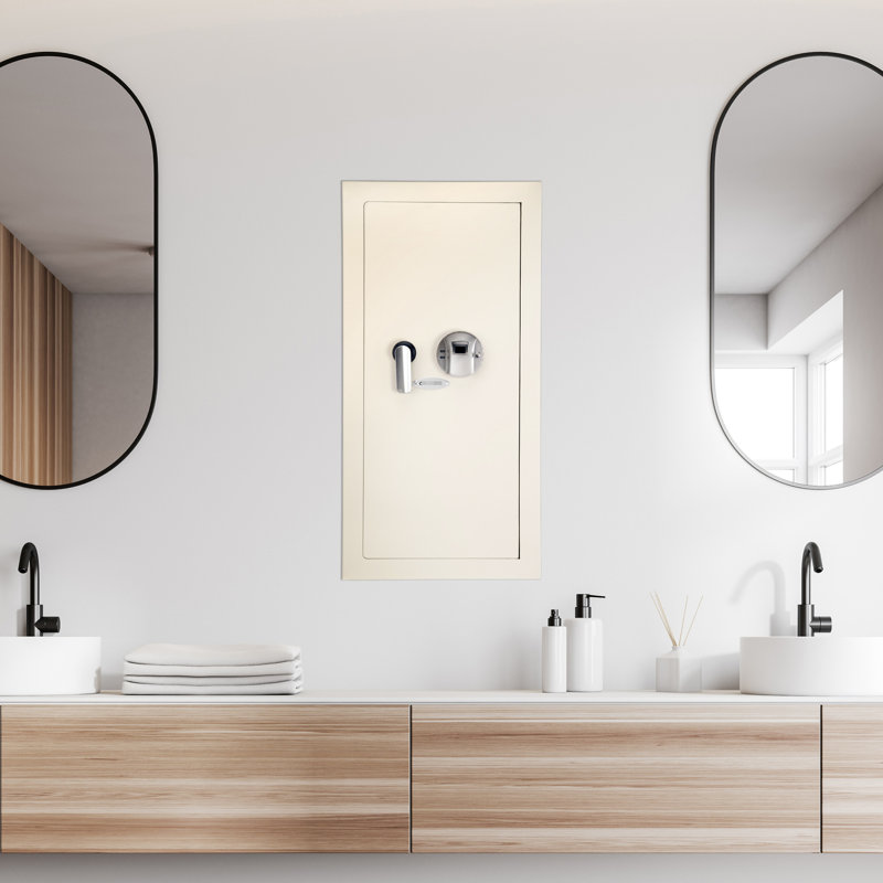 Coffre-fort mural en acier massif de 0,82 pi³, fabriqué en acier massif avec tablette amovible pour organiser un coffre-fort en beige, module d'empreintes digitales sécurisé 120 et rangement
