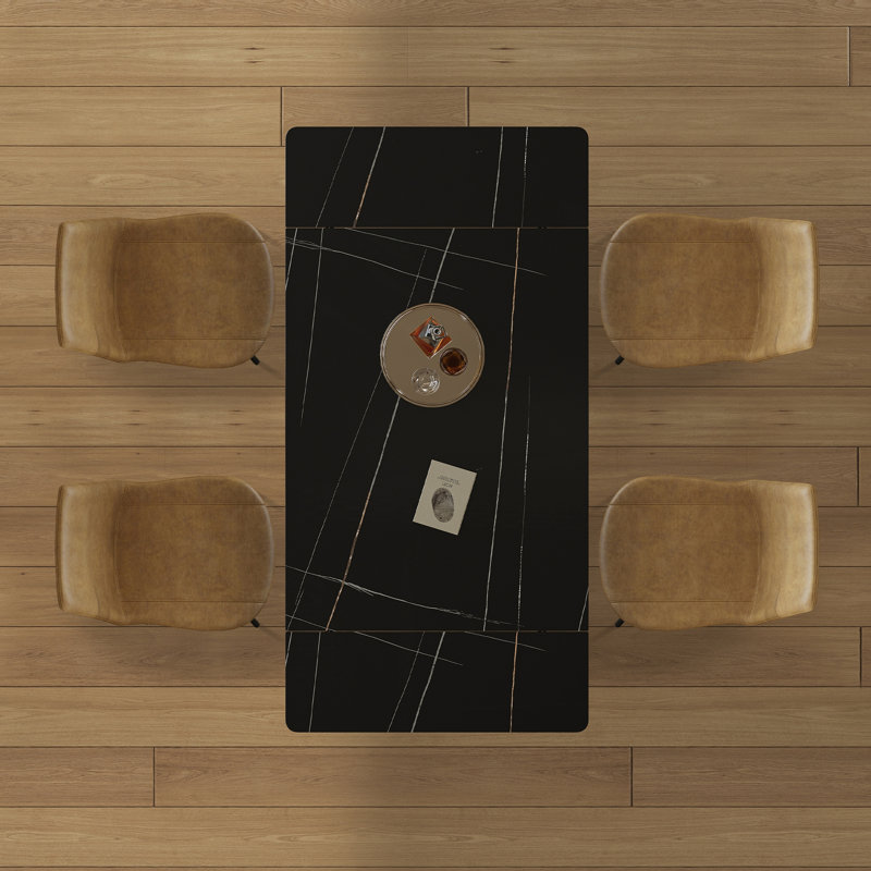 Ensemble de table de salle à manger rétractable en pierre frittée, il présente un design rectangulaire moderne, avec des pieds de table en acier au carbone noir et une structure à pieds croisés au bas. (Table + 4 chaises)
