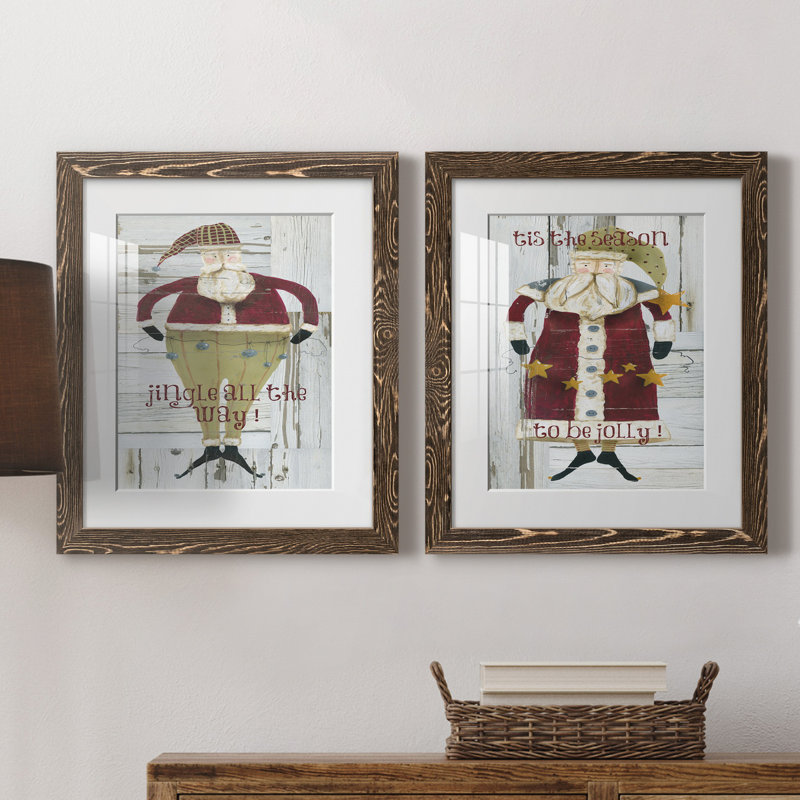Jingle Santa - ensemble de 2 reproductions, H 24 po x l 36 po x P 1,5 po, Papier, cadre noyer, Blanc