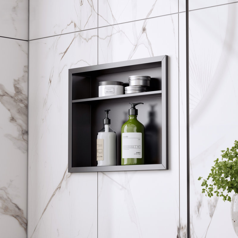 Niche de douche encastrée à deux niveaux l 16 po x H 20 po avec tablette, niche murale en acier inoxydable imperméable - aucun carreau requis