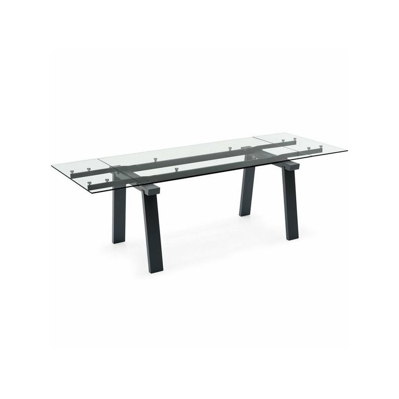 Levante Glass Extendable Table with Wooden Legs, Clear/Black, 30"H x 55.13"L x 35.5"W