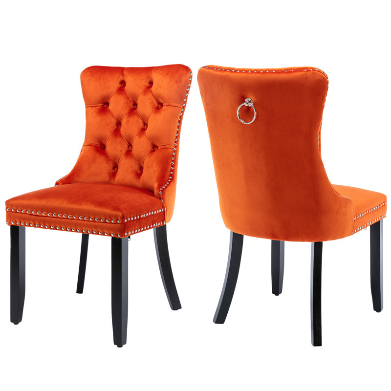 Tufted Velvet Wing Back Side Dining Chairs, Black, Orange