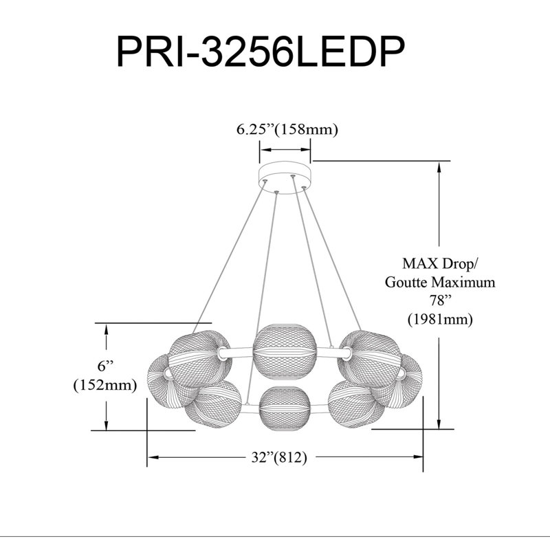 Lustre 8 lumières DEL Peri - 56W, Laiton vieilli